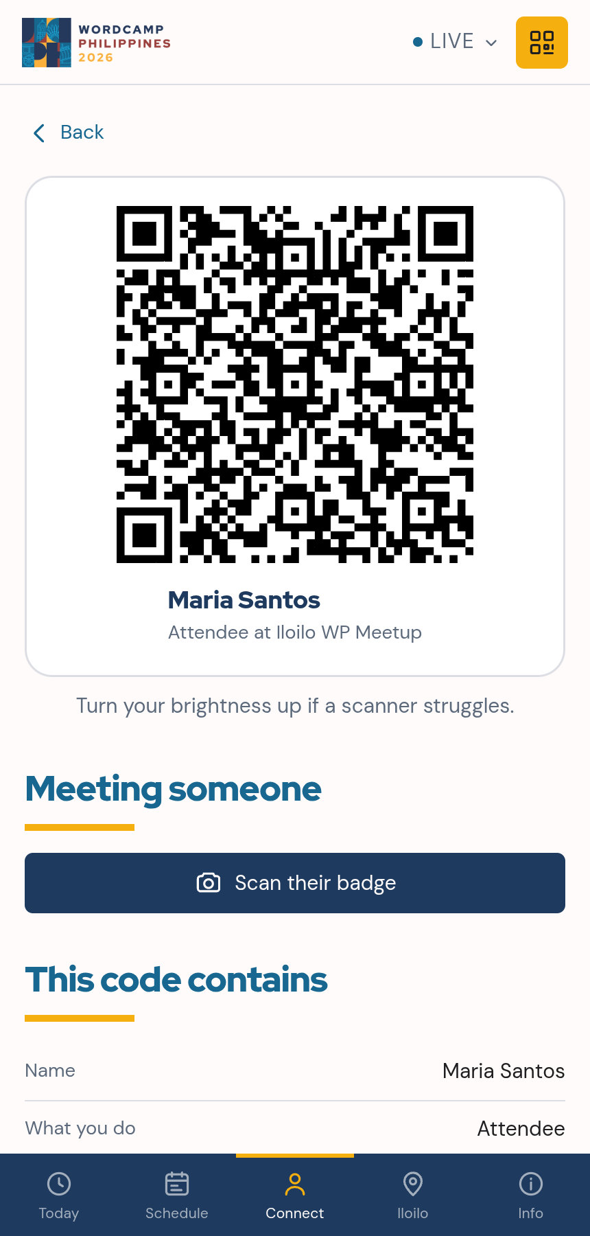 An attendee QR badge