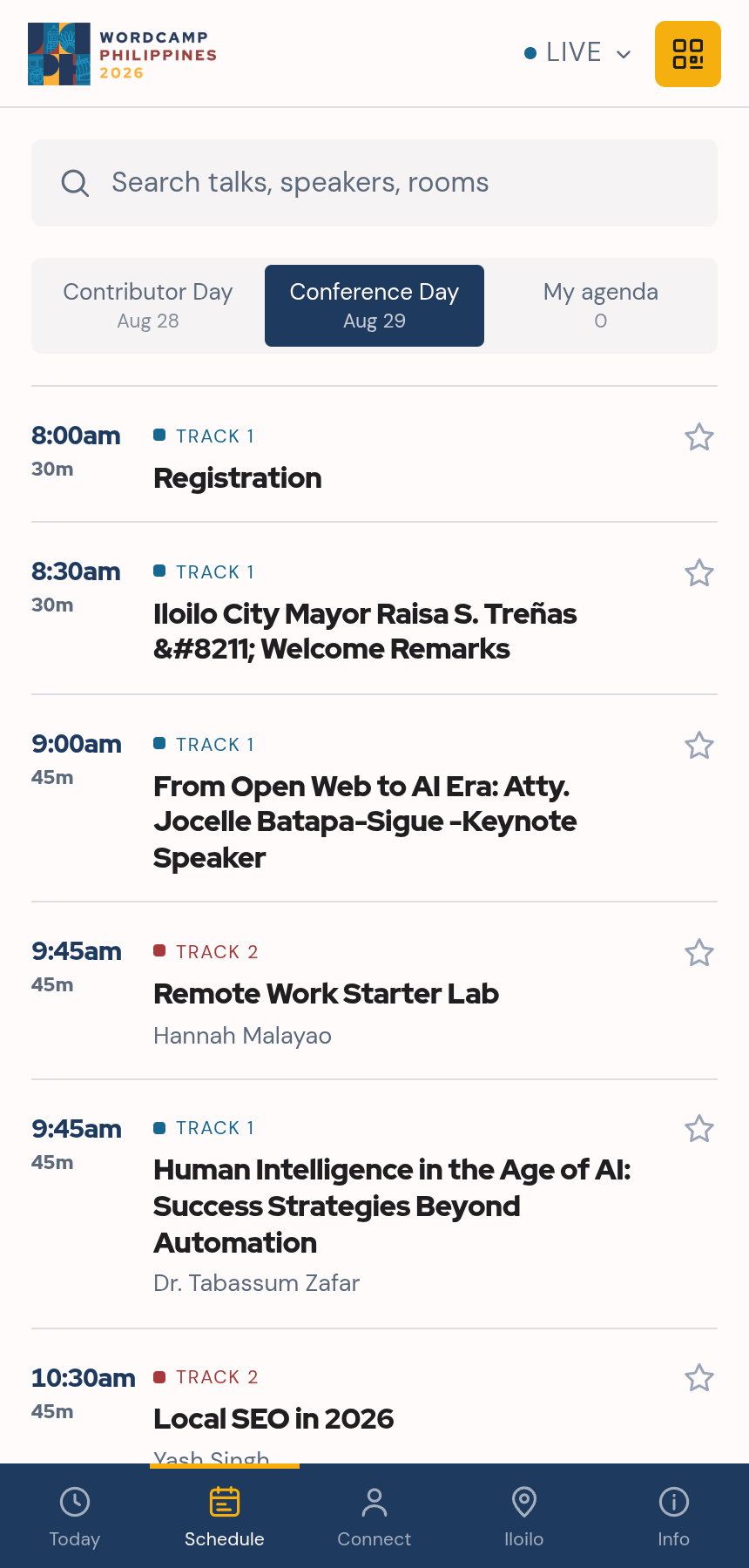 The schedule with tracks and rooms