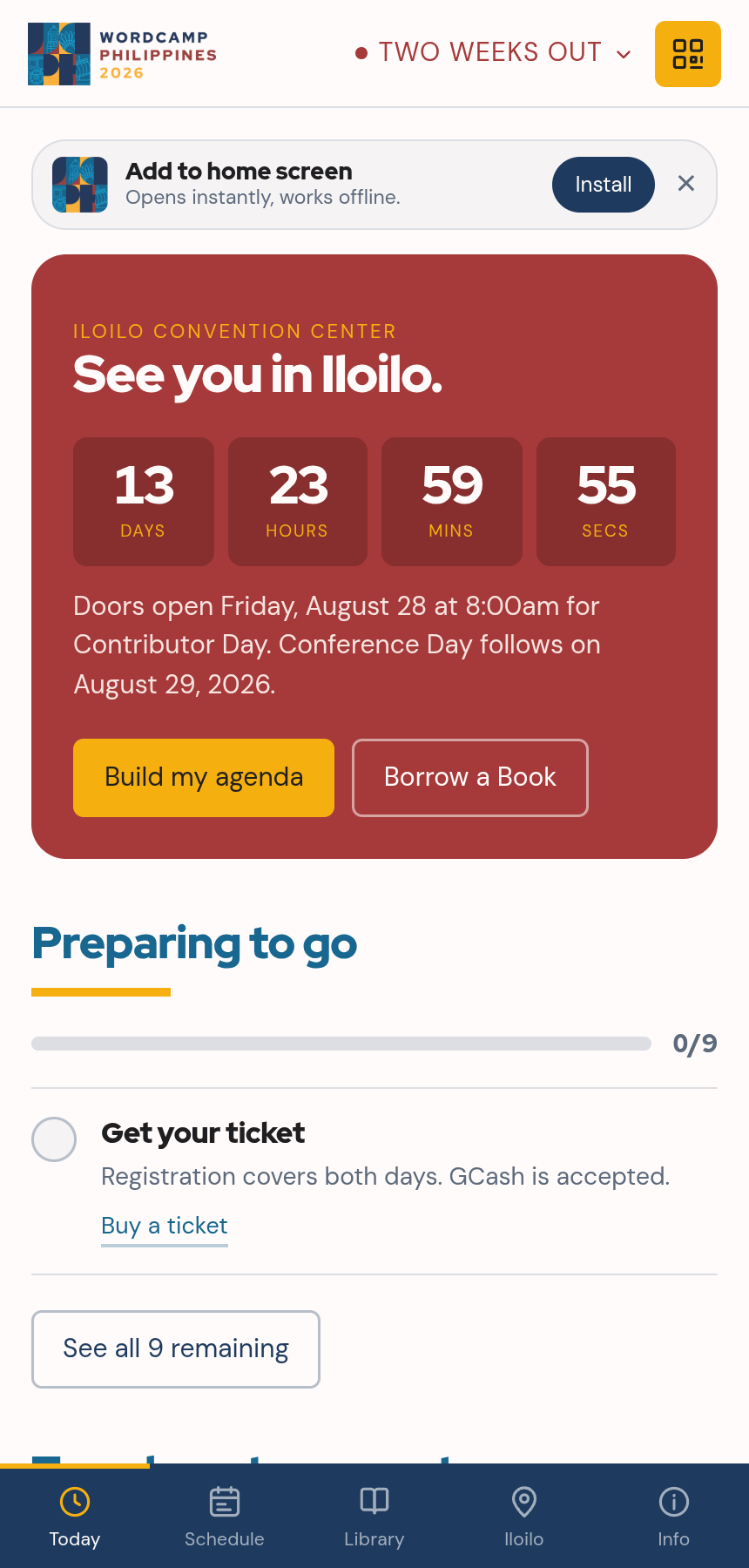 The app home screen counting down to WordCamp Philippines